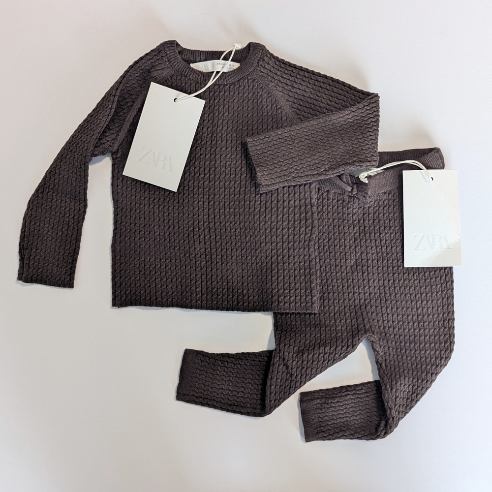 NWT Zara Dark Brown Cable Knit Sweater + Pants Set